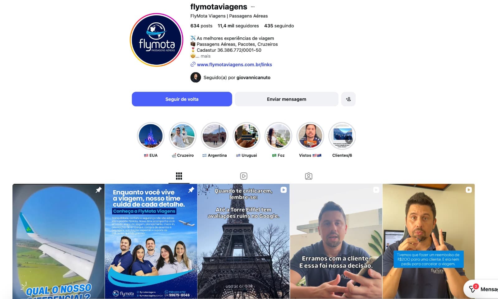 Perfil @flymotaviagens no Instagram